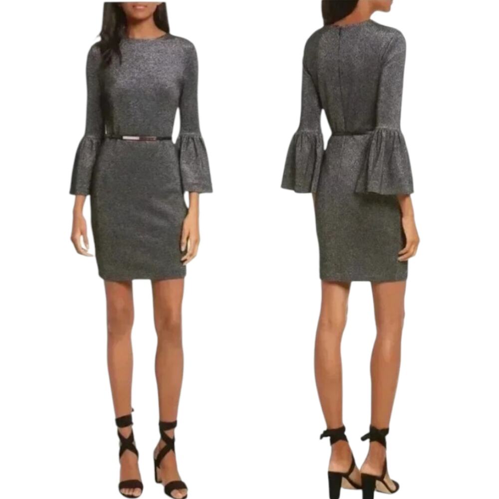 Ted Baker Black Hanneh Metallic Sheath Dress Sz 12 NEW Closet Staple Bell Sleeve